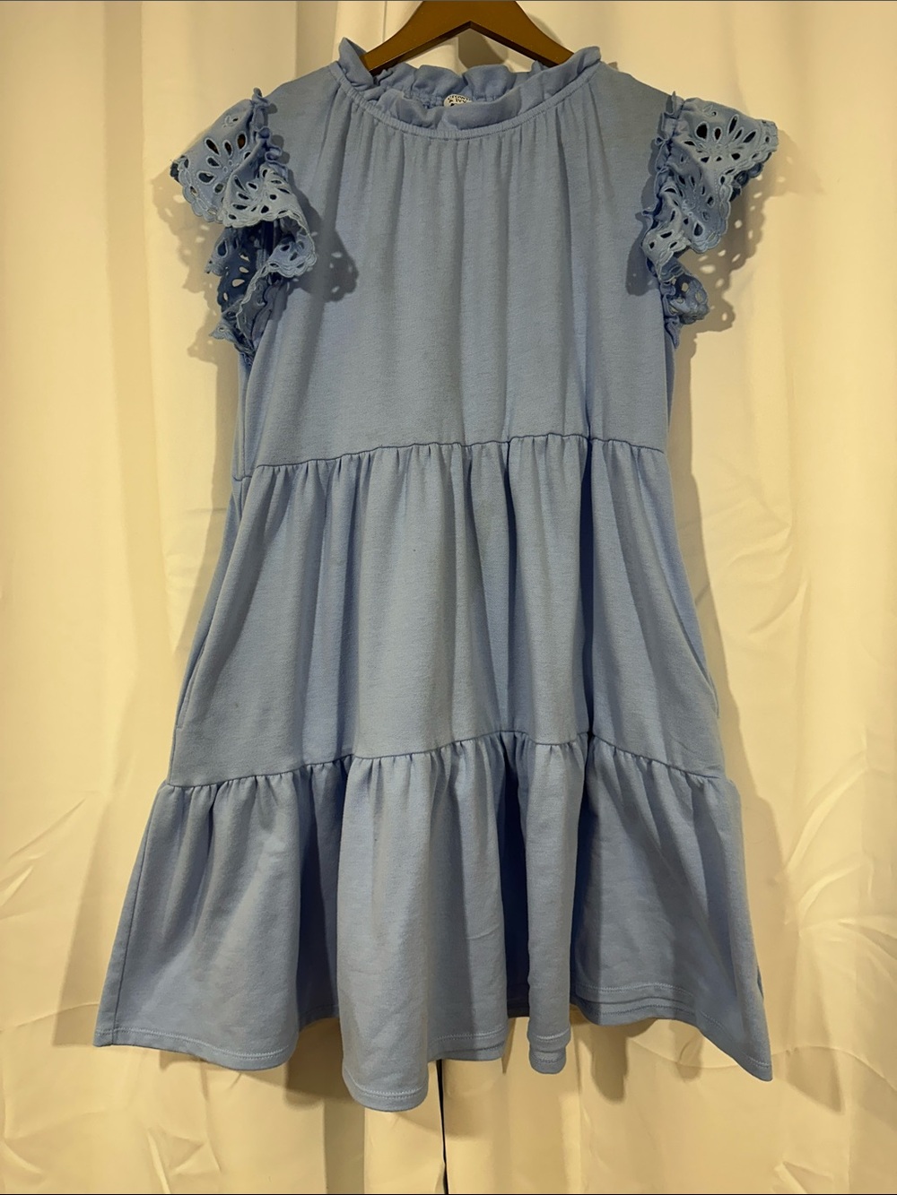 Crown & Ivy Blue Tiered Flutter Sleeve Dress Size Small Eyelet Ruffle Mini Dress